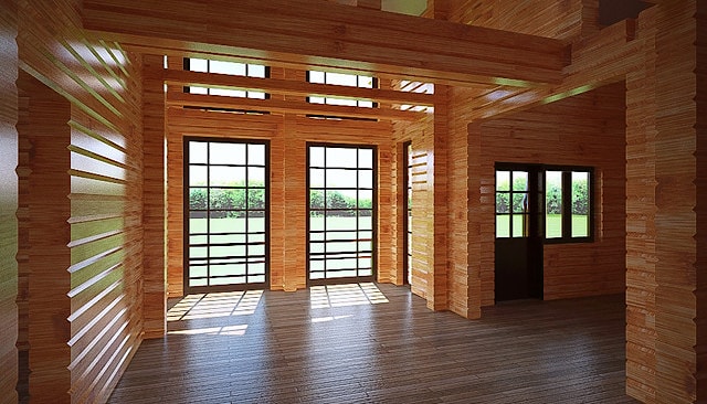 一个木房子的内部3D形象化。
