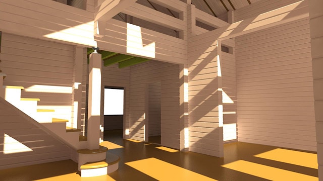 一个木房子的内部3D形象化。