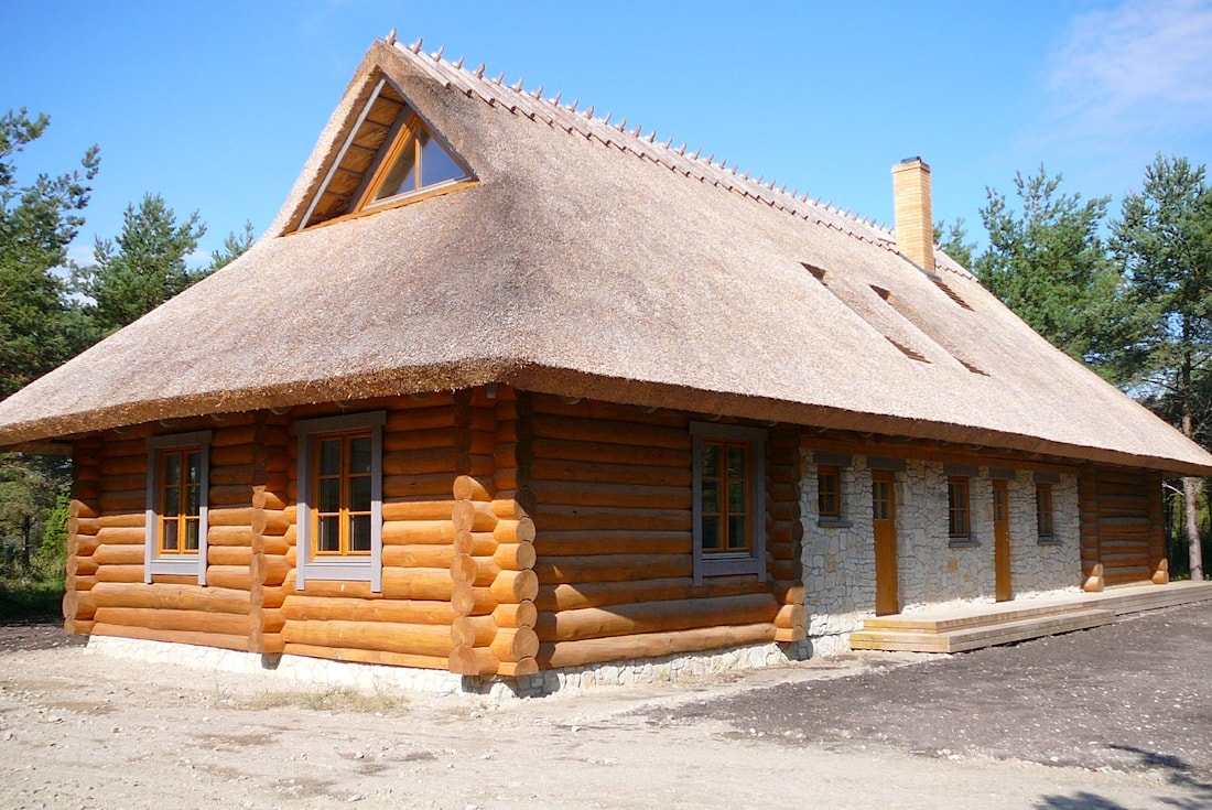 藤茎屋顶在一个木房子里