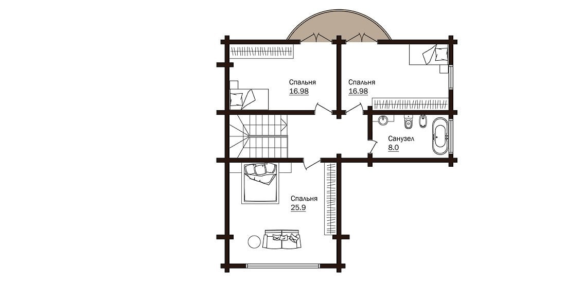 Casa de troncos de dos plantas con terrazas, proyecto "Nibelung" 221 m²
