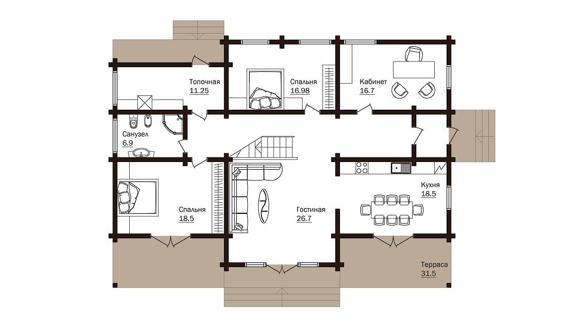To-etasjes tømmerhus med terrasser, prosjekt "Nibelung" 221 m²