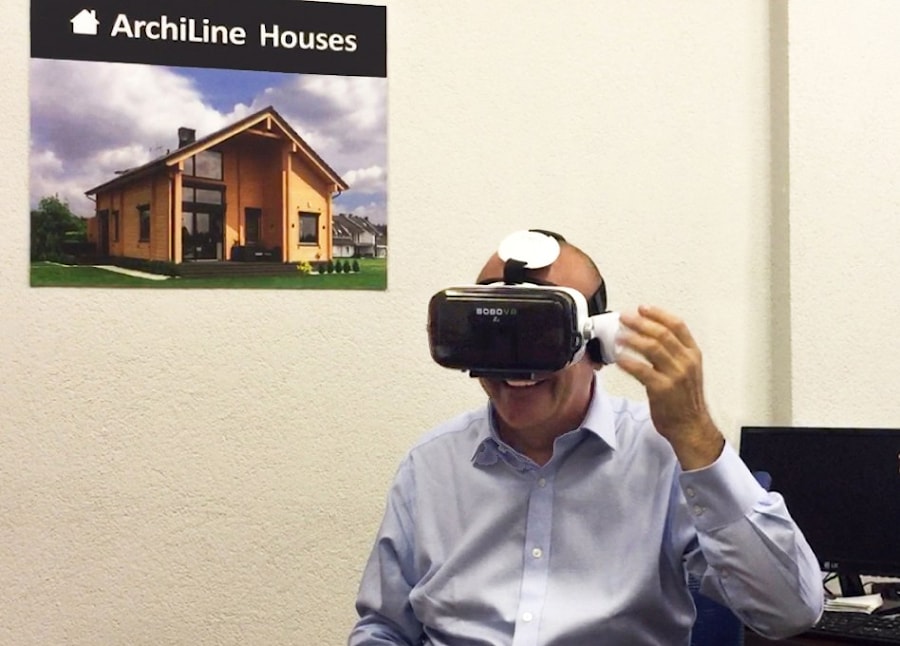 如何在ArchiLine木屋的办公室中观看木制房屋和带虚拟现实眼镜的海市蜃楼澡堂3D之旅