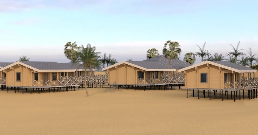 בנייה של בתי מלון, בתי מלון, פרוייקט בונגלו של עץ 50 מ"ר M. מ '- עבור נופשים בים  