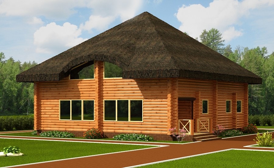 木屋位于低地基面上211平方米的圆形原木上，项目“Lyakhovichidrev” - 房子的一个项目  