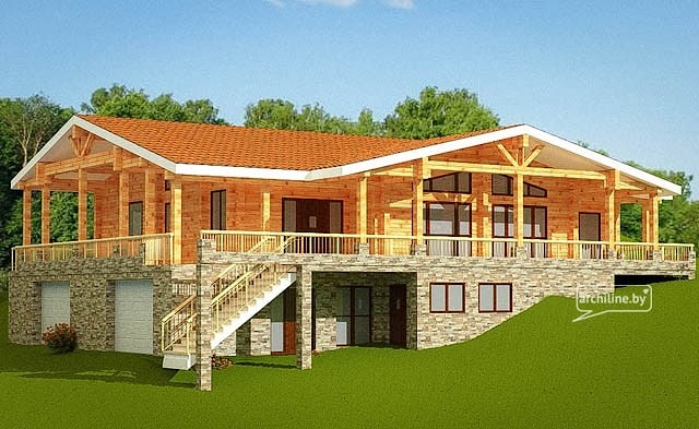 意大利木屋位于309平方米的丘陵地区，胶合层压木材，项目“Borisov DOK”，基金会的第一层 - 房子的项目  