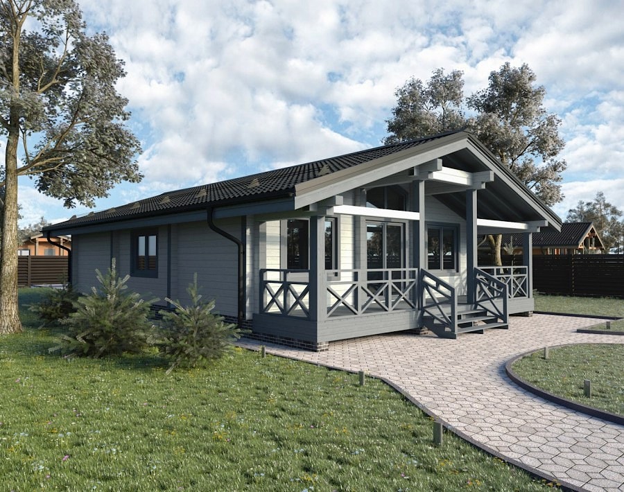 Typisk prosjekt av et hus laget av laminert finertømmer med en terrasse "Eurodom-2" 120 m2  